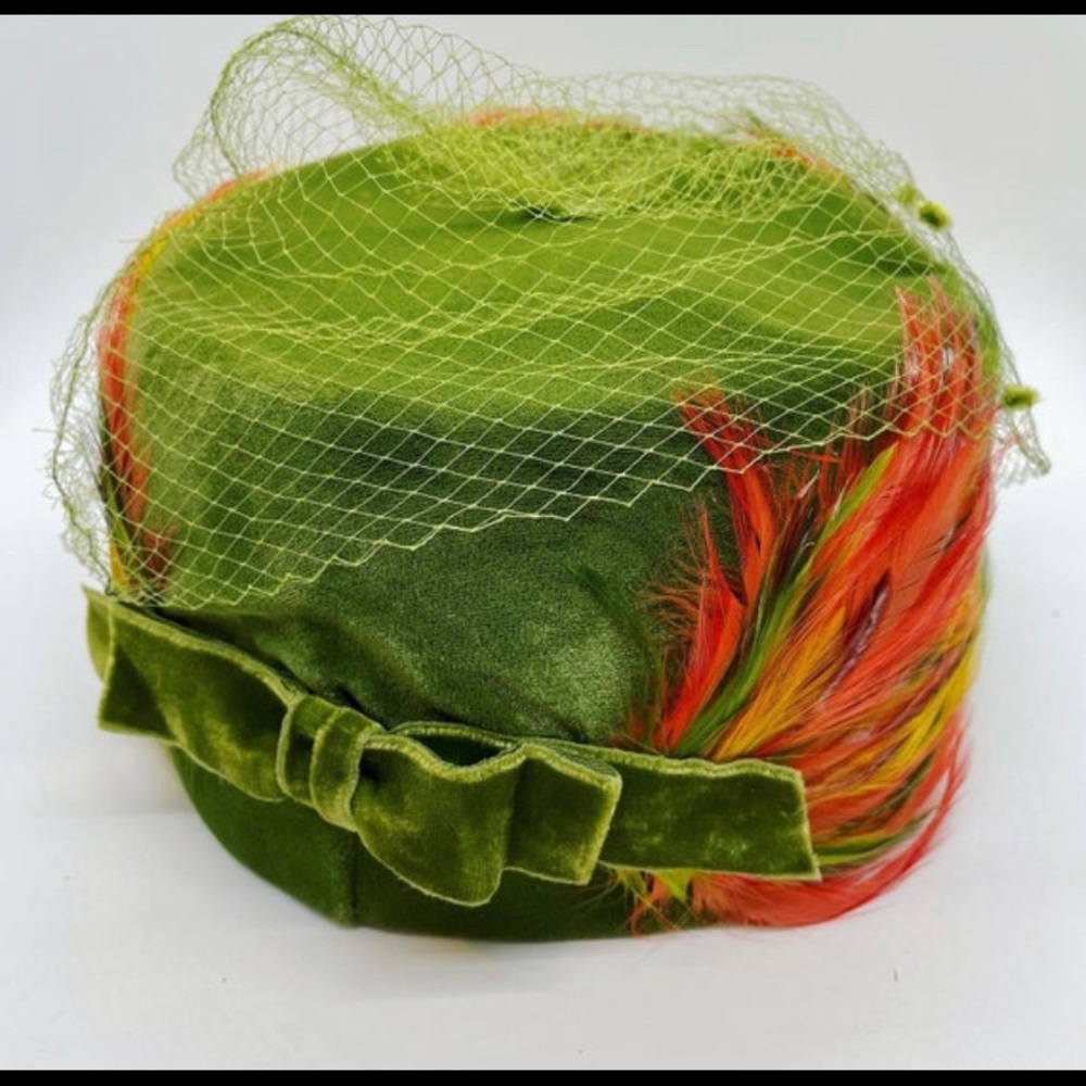 Vintage 1960s  green velvet bow orange yellow red feather netting pillbox hat